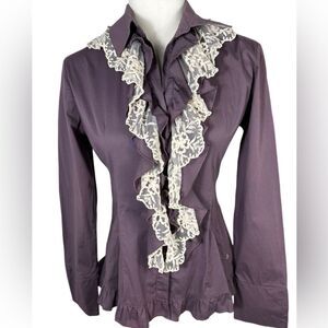 Dismero Italian Women’s Purple Crochet Lace Ruffle Button Down 3/4 Sleeve Top
